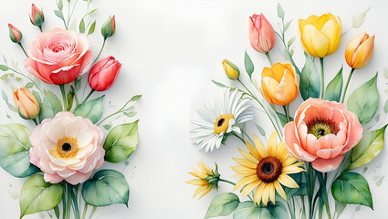 Watercolor floral arrangement featuring roses tulips daisies and sunflowers on white background