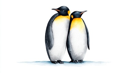 Fototapeta premium Two Emperor Penguins Together - Watercolor painting of two emperor penguins standing close together on a white background. A lovely of wildlife