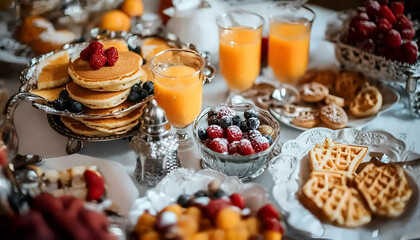 Naklejka premium Delicious breakfast food table setting