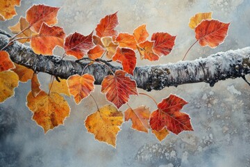 Vibrant orange and red autumn leaves dusted with frost on tree limb