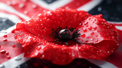 Poignant red poppy with dewdrops on its petals, symbolizing remembrance day, set against a blurred uk flag background