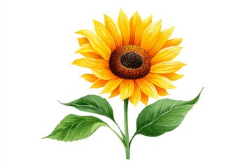 Obraz premium Vibrant Sunflower Blossom - A single, bright yellow sunflower in full bloom with vibrant green leaves, isolated on a white background