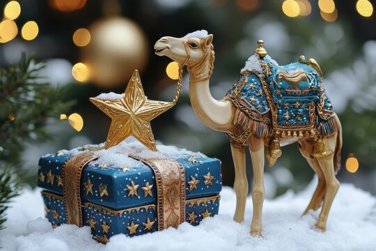 high detail picture of epiphany day star with gift box and camel figurine