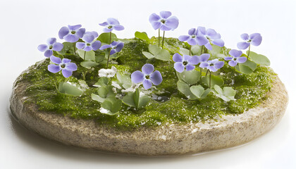 Delicate purple flowers in lush green moss arrangement