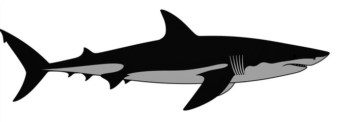 Silhouette shark, black color only, vector style, simple design, white background, side view, flat shape, high resolution