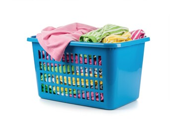 Blue basket filled with assorted clothing isolated on white background