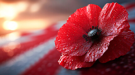 Poignant red poppy with dewdrops on its petals, symbolizing remembrance day, set against a blurred uk flag background