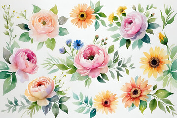 Watercolor floral arrangement with roses sunflowers and greenery on white background