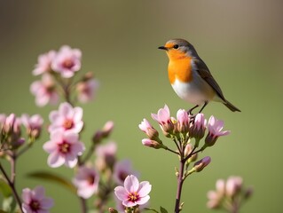 Robin perched on blossoming spring flowers in garden
