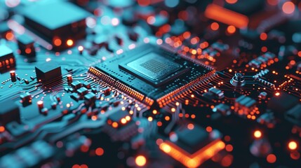 Abstract digital computer chip illustration with CPU display symbolizing technological progress and electrical innovation high tech concept