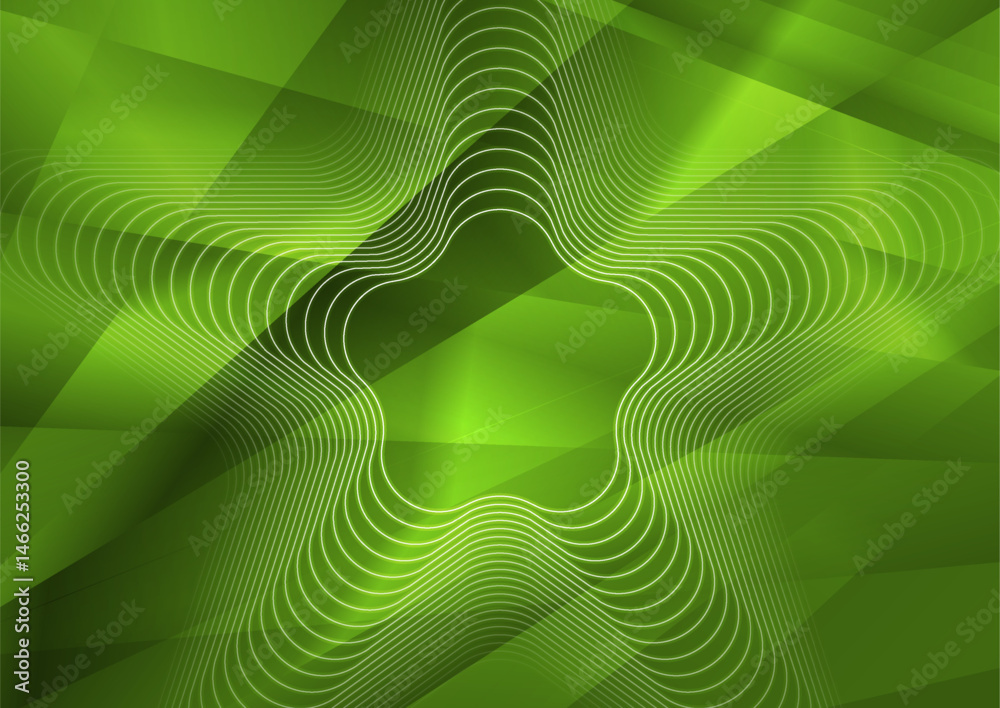 Poster linear curved star shape on the green low poly glossy background. geometric abstract vector design