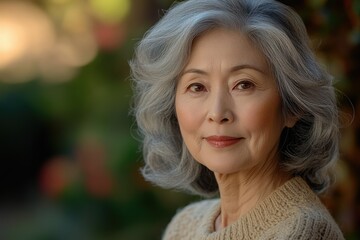 Naklejka premium A serene older Asian woman with gray, wavy hair, wearing a beige sweater, looks calmly at the camera in a close-up portrait.
