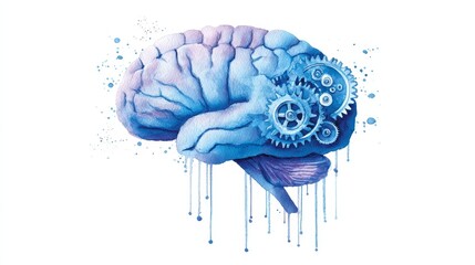 Watercolor Brain Gears: A - Watercolor painting of a brain with gears, symbolizing intellect, mechanism, intelligence, innovation, and complexity