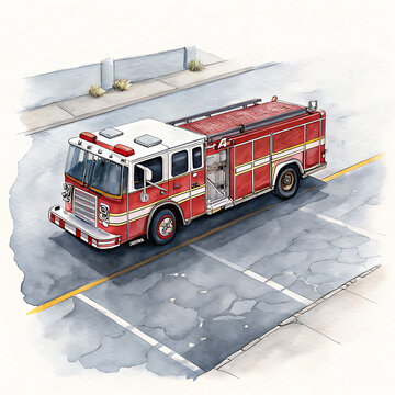 Vibrant Clipart Fire Truck Illustration Loose Watercolor Style