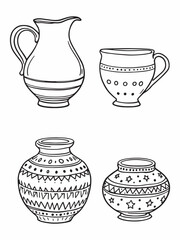 Set of artisanal handcrafted pottery pieces line art artwork.eps