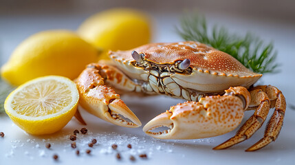 Fish and crabs with lemon, isolated on a white background.
