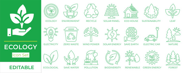 Ecology and environment line icon set featuring recycle, solar energy, eco house, sustainability, pollution, biodiversity, and renewable energy. Fully editable vector outline.