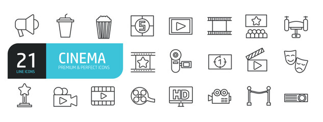 Set of line icons related to cinema, movie, video, theater. Outline icons collection. Editable stroke. Vector illustration stock illustration