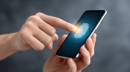Fototapeta premium A glowing fingerprint scanner on a smartphone confirming online payment. Smart payment, virtual bank, and digital banking.