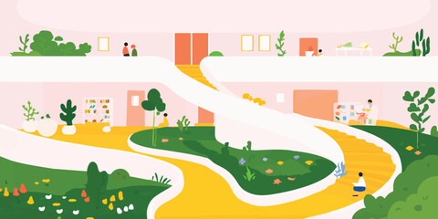 Obraz premium A meticulously crafted illustration captures a vibrant architectural masterpiece showcasing a harmonious blend of nature and design with a playful and engaging scene.