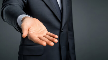 Male hand in suit extends palm up, inviting and confident in professional setting
