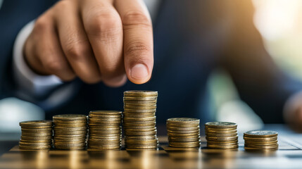 Businessperson stacking coins on chessboard, symbolizing strategy and investment