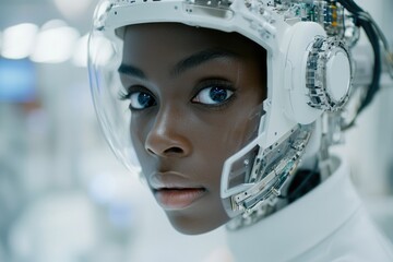 Close-up portrait of a young Black woman wearing a futuristic helmet, showcasing technological integration and a blend of human and machine aesthetics.