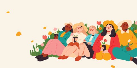 Obraz premium A group of diverse individuals relaxes in a field of flowers, enjoying the beautiful weather and each other's company.