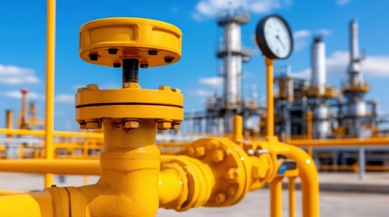 Industrial Pipe Valves and Pressure Gauge: A detailed shot of bright yellow industrial pipe valves and a pressure gauge against a backdrop of a plant and a clear blue sky.