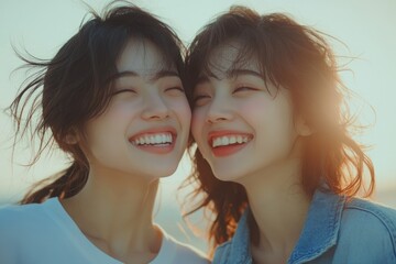 Two smiling young women with dark hair, enjoying a sunny day outdoors.