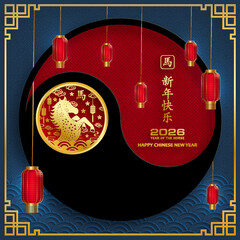 Happy Chinese new year 2026 horse Zodiac sign, with gold paper cut style on color background