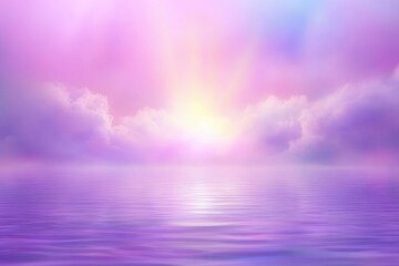 Obraz premium A serene, pastel sunrise over a tranquil sea Soft, blended hues of pink, purple, and lavender fill the sky and water Fluffy clouds surround a bright golden sun