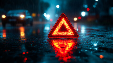 Red Emergency Triangle Reflecting in the Rain at Night