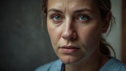 Fototapeta premium A compassionate, fatigue-etched home care healthcare worker gazes somberly at the viewer