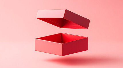Red open gift box is floating over an empty box on a pink background
