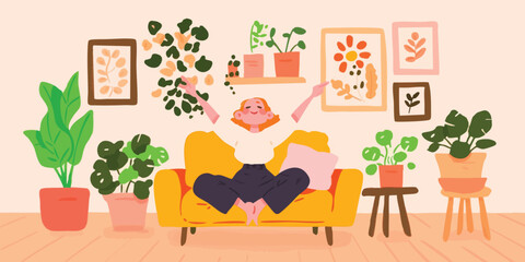 A woman is sitting on a yellow sofa surrounded by green plants, art in a cozy room with peace of mind.