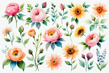 Watercolor floral illustration of roses sunflowers and other flowers on white