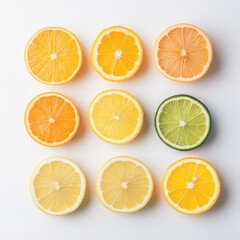 sliced citrus fruits arranged neatly on white surface, top-down view.