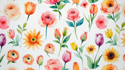 Watercolor floral pattern background featuring roses tulips and daisies elegant design