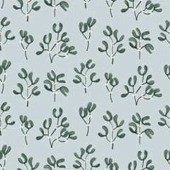 Hand painted mistletoe leaves & branches as a minimalist pattern in colors of green and off white on blue background. Christmas seamless vector pattern. Great for home decor, fabric, wallpaper, gifts.