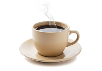 A cup of steaming dark beverage isolated on white background