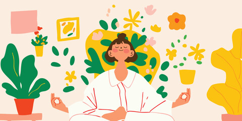 A calm individual find inner peace through meditation amid a garden-like environment, exuding tranquility and mindfulness.