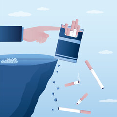 Human hand pushes cigarette pack and butts off cliff into abyss. Fighting nicotine addiction, quit smoking. Way to healthy lifestyle, tobacco refuse. Social issues