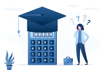 Student girl standing near mortarboard hat and calculator. Student loan calculation, education budget allocation, university expense and debt pay off, scholarship payment.