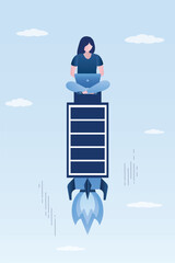 Power of the new generation. Confident woman working with laptop on rocket battery. Female employee sitting on full battery launched in sky and fast fly. Fast development