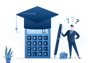 Student standing near mortarboard hat and calculator. Student loan calculation, education budget allocation, university expense and debt pay off, scholarship payment.