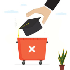 Education crisis. Disappointed graduate throwing out graduation cap into trash bin. Garbage recycling container. Poor quality education, useless diploma