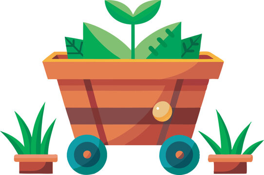 green plants in orange cart, flat design clip art preview