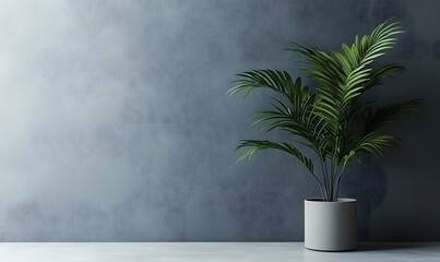 Parlor Palm in Pot against Blue Wall: A vibrant parlor palm in a simple white pot sits elegantly against a textured blue wall, creating a serene and minimalist indoor scene.