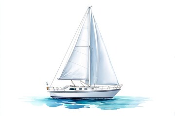 Fototapeta premium Watercolor Sailboat : A Gentle Breeze - A serene watercolor painting of a sailboat on calm waters, symbolizing freedom, adventure, exploration, tranquility, and escape